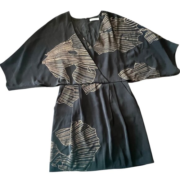 Halston Heritage Black & Gold Kimono Sleeve Mini Dress With Abstract Print Size - Picture 2 of 14